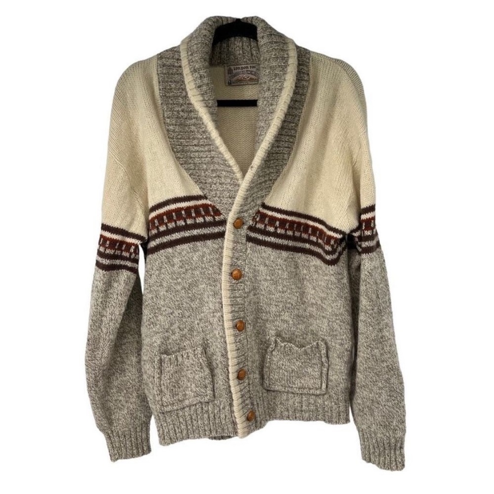 Vintage London Fog Cream Brown Wood Buttons Grandpa Cardigan